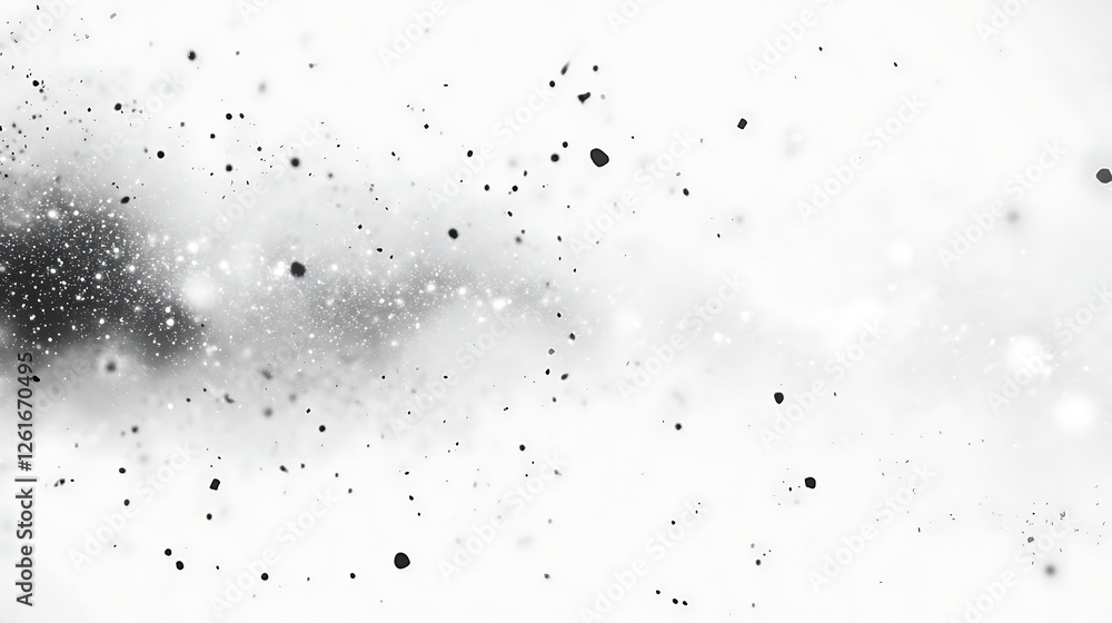 Poster particles floating dynamically in a gradient mist atmosphere with varied sizes and positions
