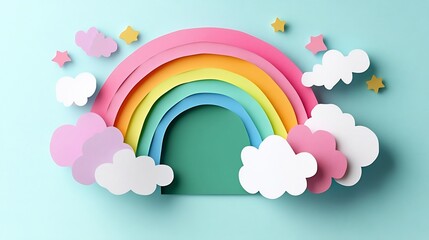 Joyful pastel rainbow paper craft playfully arranged against a soft blue backdrop. AI Generated