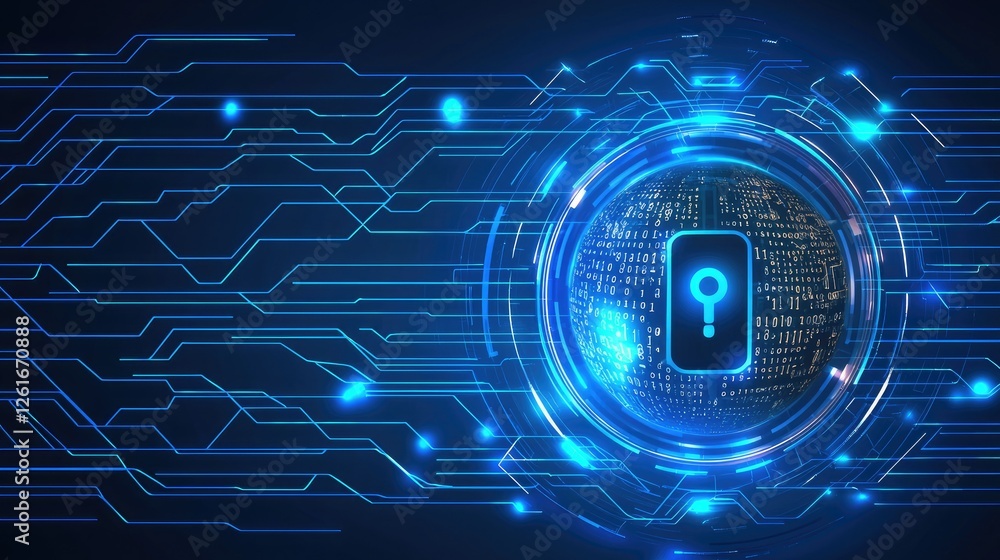 Poster digital lock symbol on abstract globe background with data streams