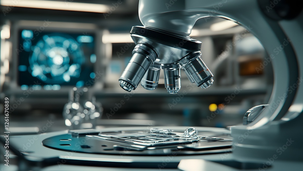 Poster Futuristic lab microscope focusing on sample