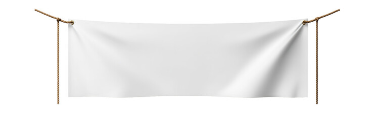 Blank Banner Hanging: A pristine white banner hangs from rustic rope, providing a clean, versatile canvas for your message or design.  The subtle wrinkles add a touch of realism.