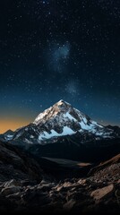 Snow-capped mountain peak under starry night sky with Milky Way galaxy visible, surrounded by rugged terrain and valleys.