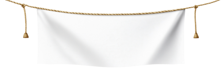 Blank Canvas Banner: A pristine white banner hangs tautly from a pair of golden ropes, ready to be filled with your message. Its clean surface offers endless creative possibilities.