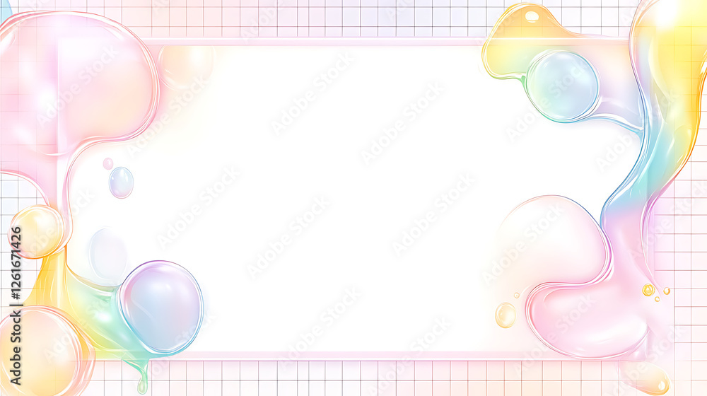 Poster pastel liquid frame design with bubbles on a grid background for creative projects and presentations