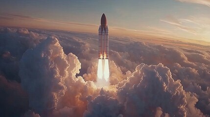 Naklejka premium Majestic Rocket Launch Through Clouds at Dusk with Bright Flames
