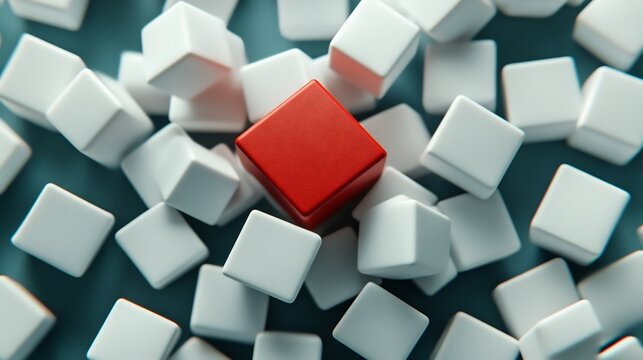 Red Cube Stands Out Among White Cubes Soft Light. AI Generated