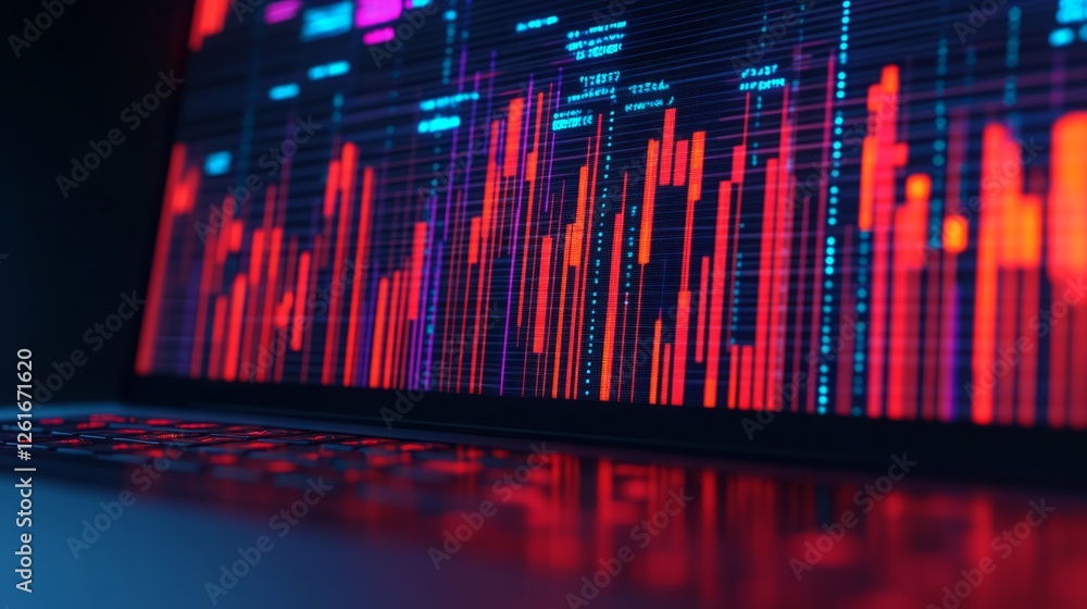 Poster abstract visualization of colorful graphs and data streams on a laptop screen, representing insights