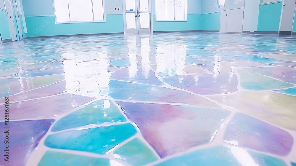Poster pastel mosaic floor tile pattern design in an empty room architecture interior scenery