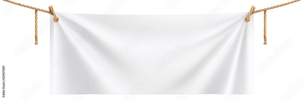 Poster blank white cloth hanging: a pristine white cloth hangs gently from a rustic rope, creating a simple