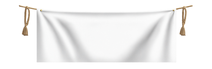 Blank Banner Hanging: A pristine white banner hangs from simple rope, offering a clean, versatile canvas for your text or design. The neutral backdrop provides ample space for branding, announcements.