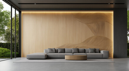 Modern Minimalist Living Room: A spacious living room with a minimalist aesthetic, featuring a sleek grey sectional sofa, a low circular coffee table.