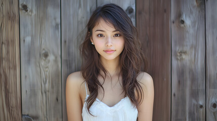 Fototapeta premium Young Woman Posing Against Wooden Wall in Natural Light Setting