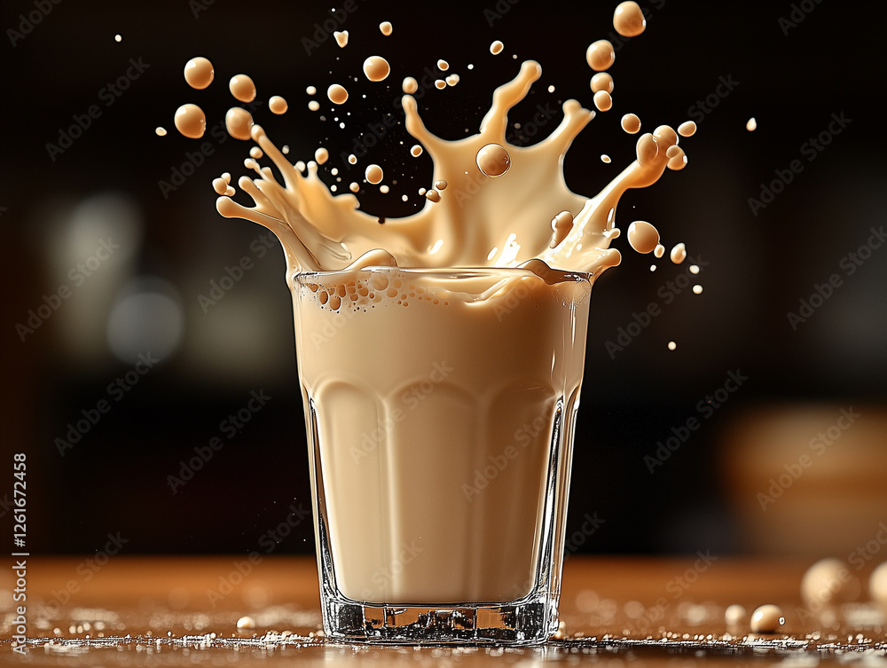 Poster glass of milk splashes dramatically, creating captivating scene in studio setting. rich color and dy