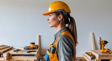 Fototapeta premium Carpenter woman side view portrait on plain white background