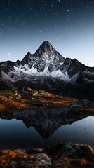 Obraz premium Snow-capped mountain peak reflected in a serene lake under a starry night sky.