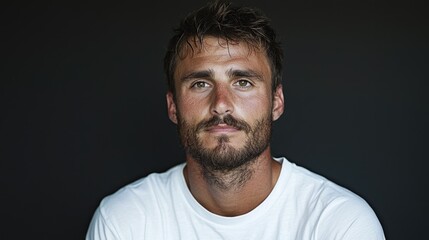 Obraz premium Portrait of a handsome young man with a beard looking directly at the camera against a dark background.