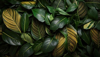 Fototapeta premium Dense tropical greenery with golden leaf highlights and detailed textures