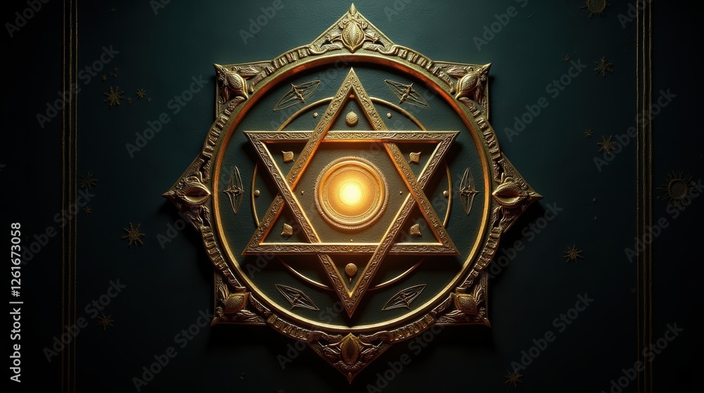 Poster mysterious and intricate design of a golden hexagram depicting a celestial symbolism