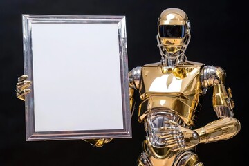 Gold humanoid robot, holographic finish, holds a white sheet in a framed setup.