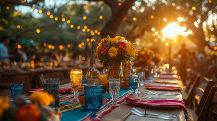 Brightly Lit Outdoor Dining Table with Colorful Flowers. Generative AI