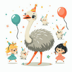 cartoon vector illustration of ostriches having a feast