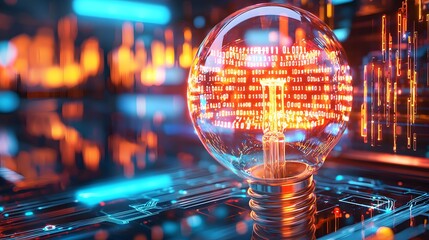 Digital Light Bulb with Flowing Binary Code in a Futuristic Data Environment