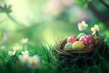 Obraz premium a nest of colorful easter eggs in meadow. Picture for holiday, happy easeter concept. generative AI.