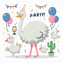 cartoon vector illustration of ostriches having a feast