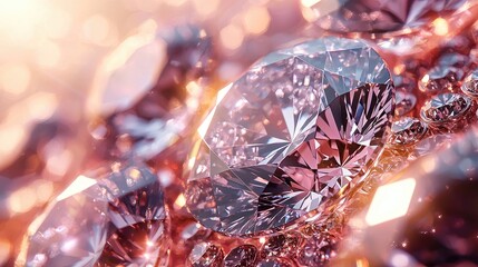 Close-up of sparkling pink diamonds reflecting light against a soft, blurred background