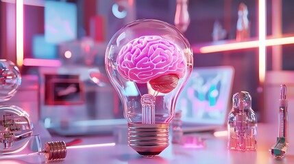 Glowing Light Bulb with 3D Brain Visualization and Futuristic Digital Elements in a Neon-Lit Workspace