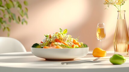 Healthy Crunchy Salad with Fresh Vegetables, Broccoli, and Citrus in a Bright, Light-Filled Setting