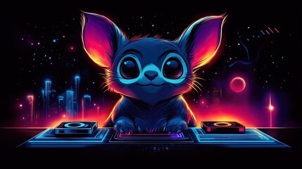A vibrant, cartoon-style creature DJing at a futuristic neon-lit party, surrounded by colorful lights