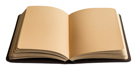 Open blank book with vintage pages, isolated on transparent background. Education and literature concept