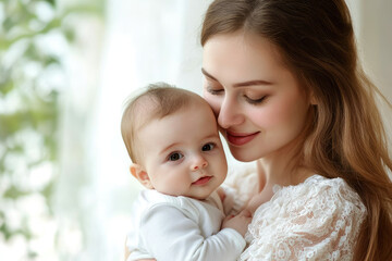 A young mother holding her newborn baby, looking at her child with love