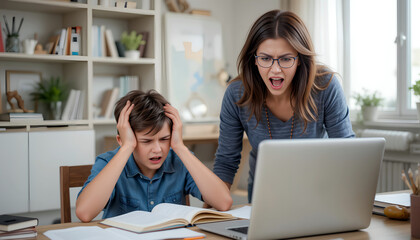 Angry mother scolding her son during a homework session at home, with the son visibly upset at his desk with books and a laptop open.
