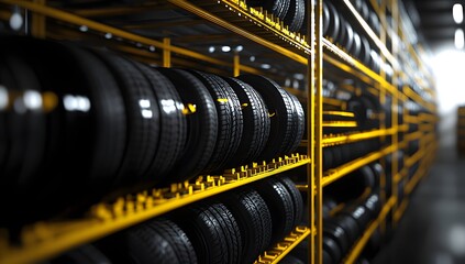 Yellow tire warehouse shelving, many tires