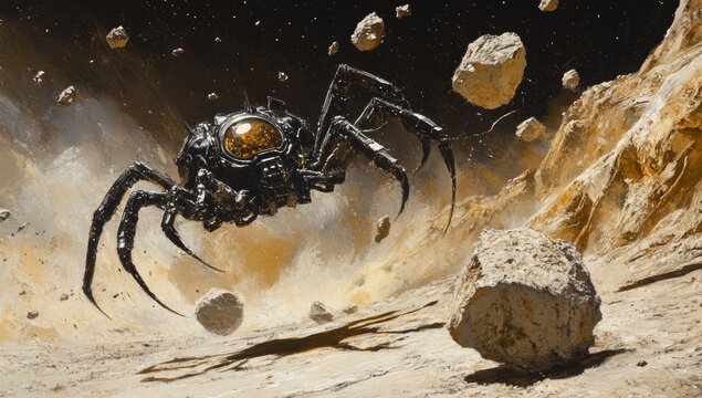 Steampunk spider robot, asteroid field,  desert planet,  space battle - Powered by Adobe