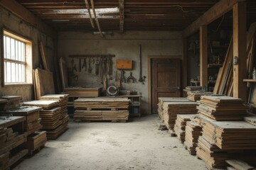 Obraz premium Rustic woodworking workshop with wooden planks, tools, and natural sunlight