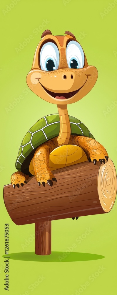 Poster happy cartoon turtle balancing on log animated character green background whimsical style
