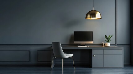 Modern home office, dark gray walls, desk, chair, plant