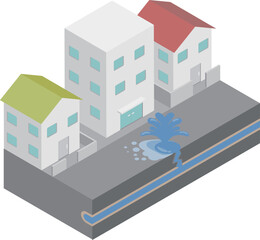 アイソメトリックな住宅街の水道管が破裂して水が噴き出しているイメージ素材