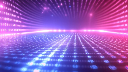 Fototapeta premium Binary code flows in a digital landscape of pink and blue