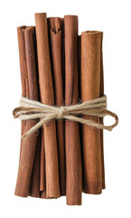 Bundle of cinnamon sticks tied with twine on transparent background. Aromatic spice and culinary ingredient concept