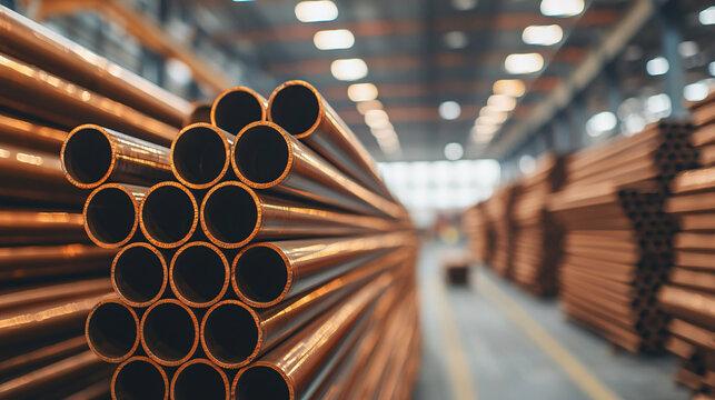 Copper Metal Pipe Stacks in Factory Warehouse Storage for Industrial Materials Supply Inventory