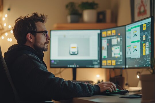 A postal worker monitors an autonomous van from a control center. Multiple screens show live camera feeds and delivery status updates