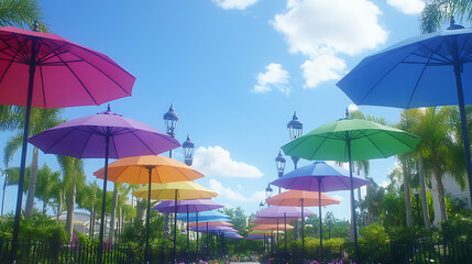 Rainbow Umbrella Canopy Above Walkway Bright Skies Serene Path Vibrant Avenue Colorful Parasols Overhead