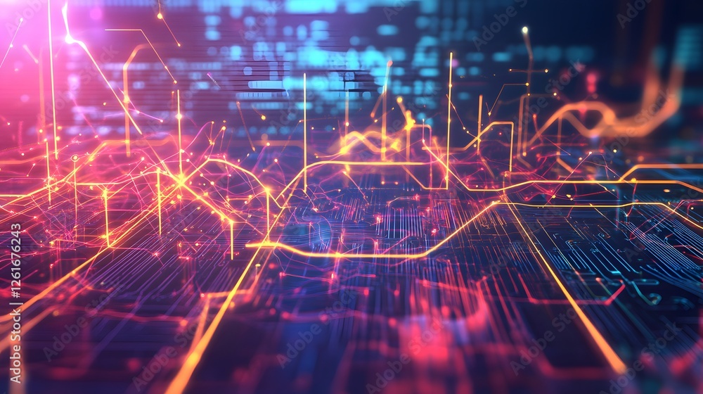 Poster abstract depiction of a digital circuit board with glowing paths