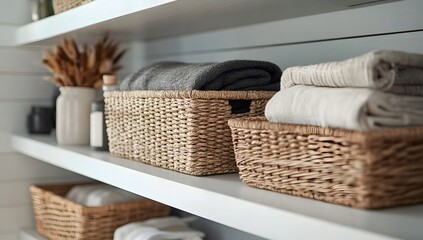 Obraz premium Organized woven baskets on white shelves, showcasing clean laundry