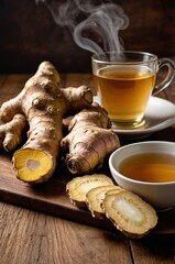 composition of cup of ginger tea and roots on a neutral background