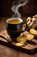 composition of cup of ginger tea and roots on a neutral background